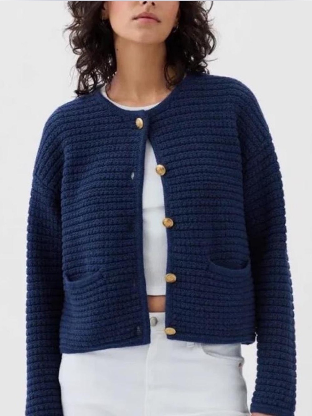 GAP Navy Textured Cardigan with Gold Buttons